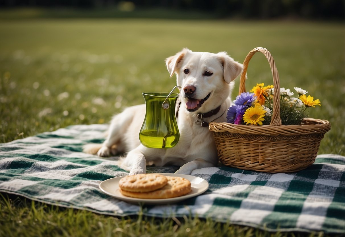 A checkered blanket spread out on green grass, surrounded by a wicker basket, colorful plates, and a vase of wildflowers. A book lies open, and a frisbee is mid-flight. A playful dog watches from the sidelines