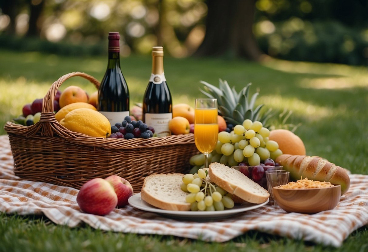 A picnic basket filled with fresh fruits, sandwiches, and snacks sits on a checkered blanket in a lush backyard. A bottle of wine, a bouquet of flowers, and a stack of plates complete the scene