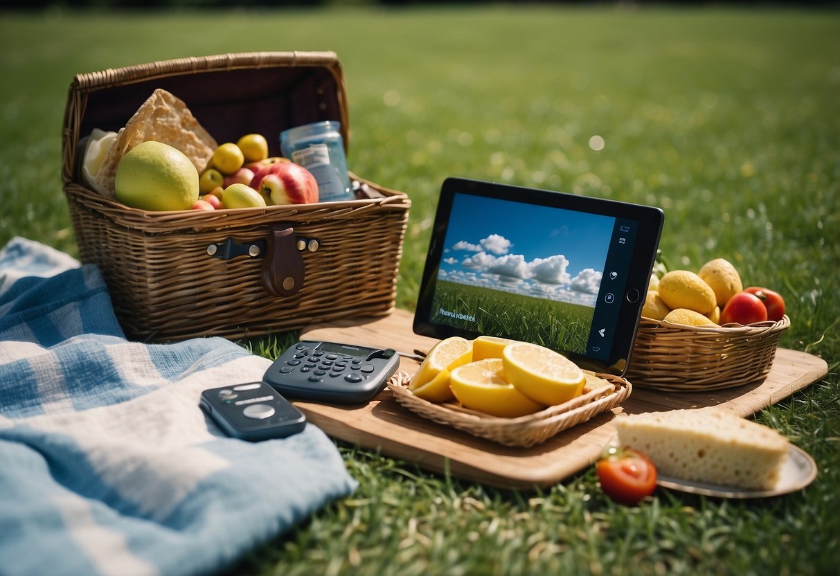 A picnic blanket spread out on lush green grass, with a portable music player and a basket of food and drinks. A sunny day with a clear blue sky and a few fluffy clouds overhead