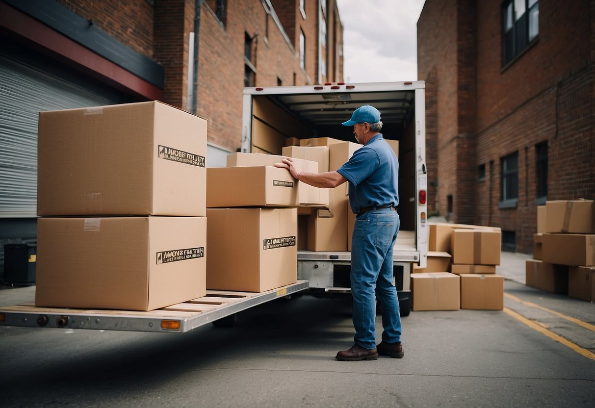 Boxes and furniture being loaded onto a moving truck by movers. Labels and tape indicate "Frequently Asked Questions" on the boxes