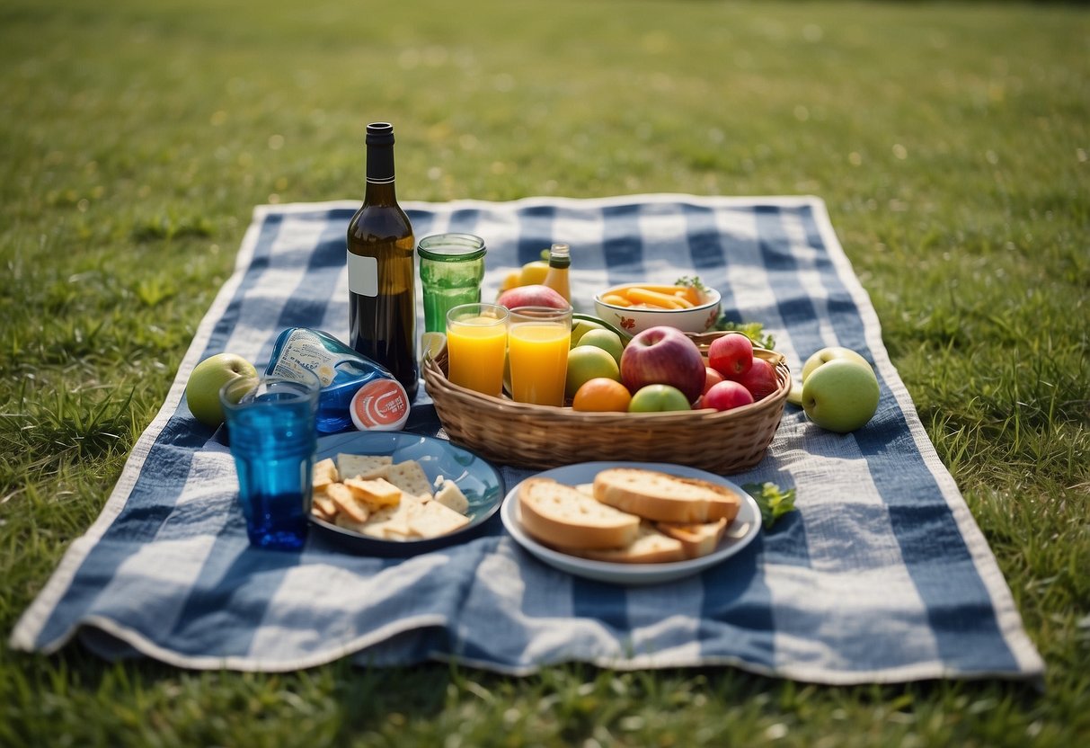 A picnic blanket laid out on green grass with a spread of food and drinks. A frisbee, soccer ball, and other outdoor games scattered around. A sunny day with a clear blue sky