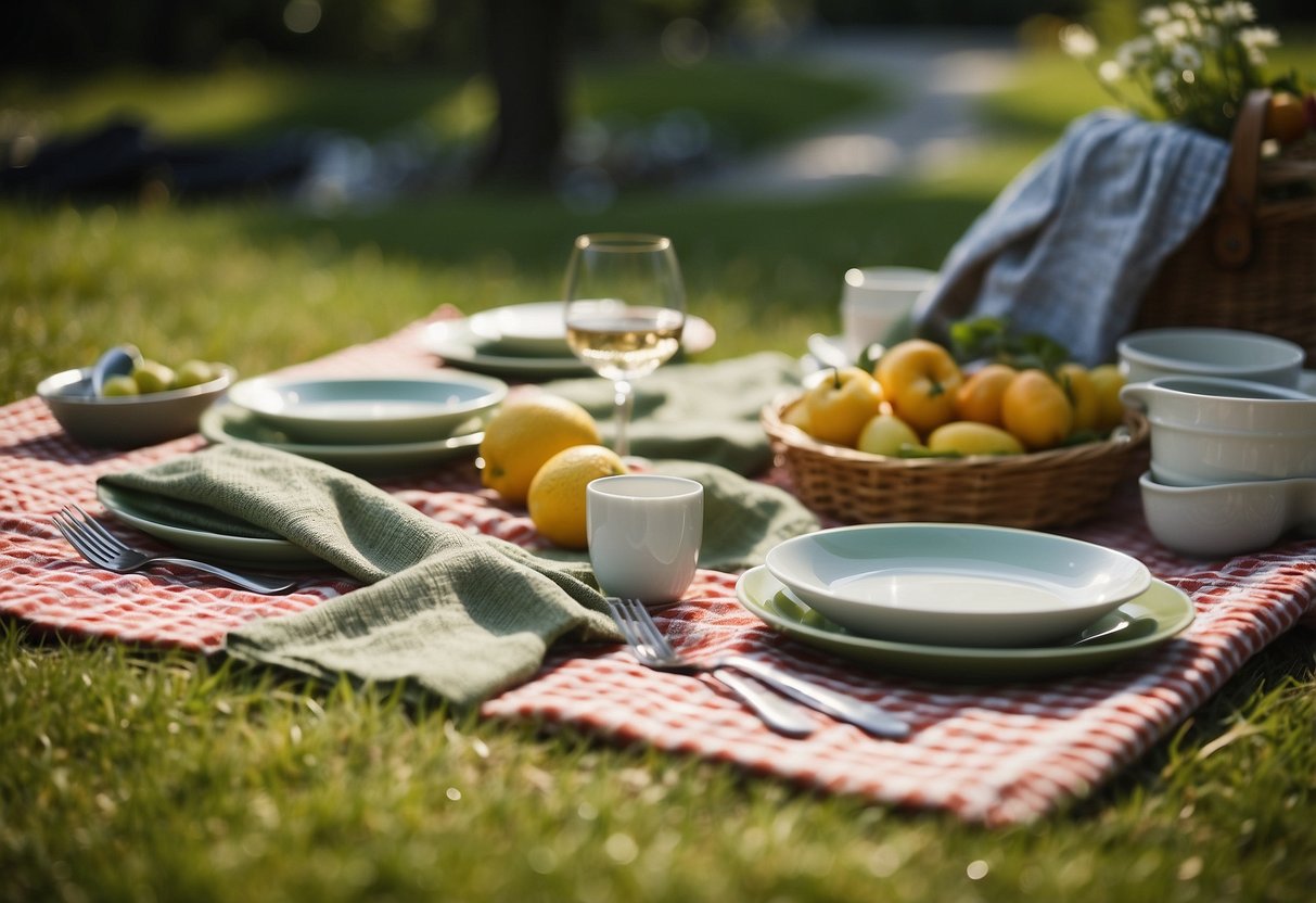 A picnic blanket spread out on green grass with eco-friendly utensils, reusable plates, and cloth napkins set out for a backyard picnic