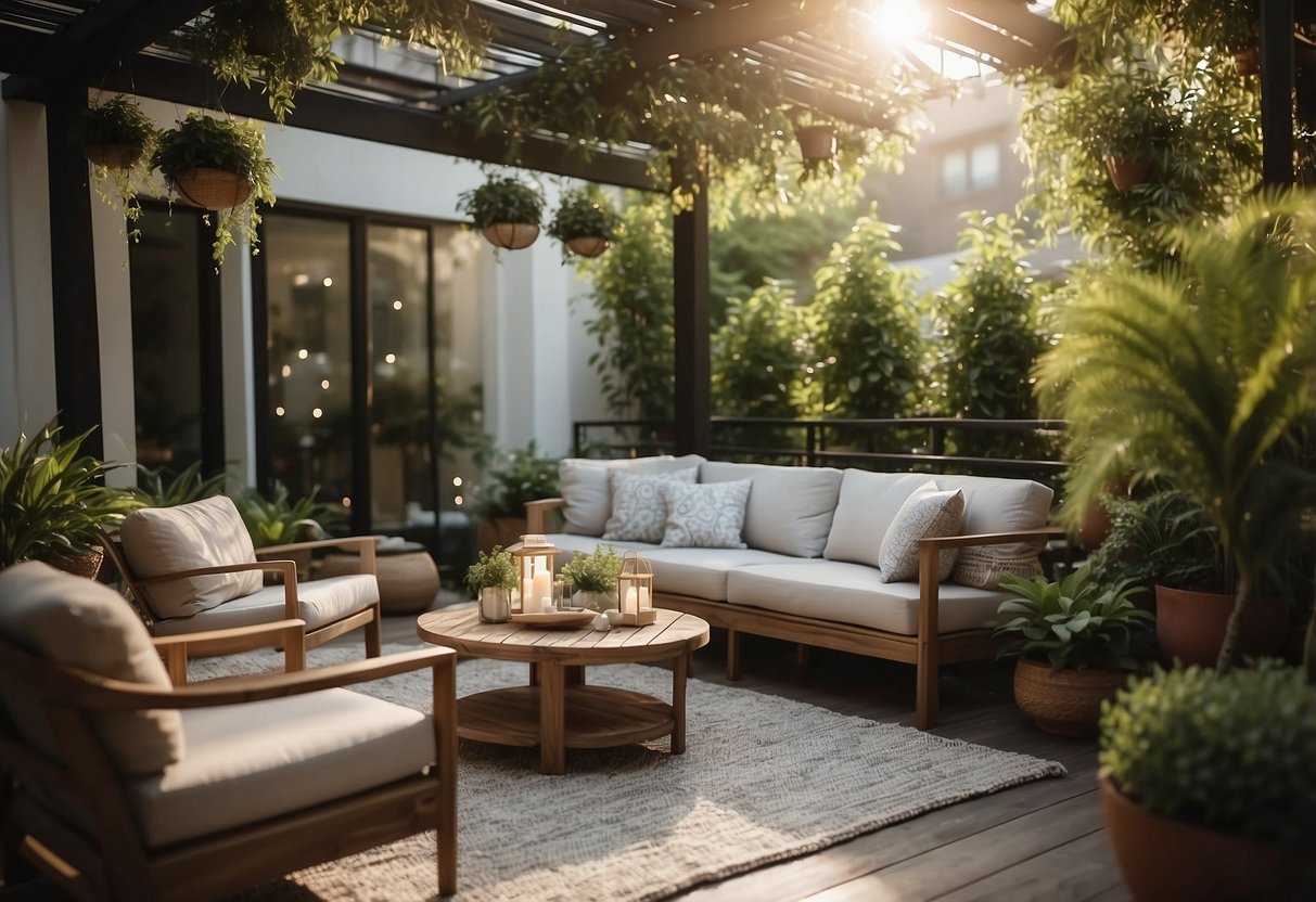 A cozy outdoor patio with modern furniture, lush greenery, and soft lighting