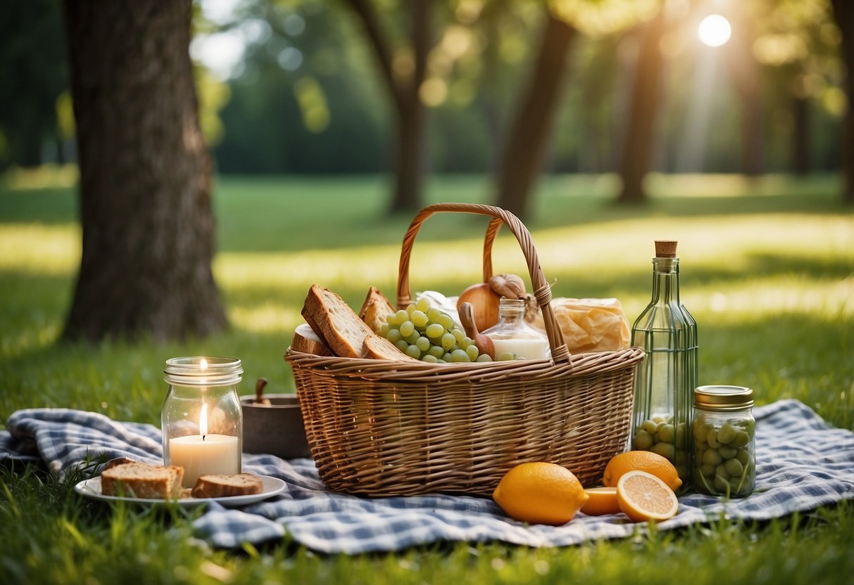 A picnic blanket laid out on green grass, surrounded by trees. A basket filled with food and drinks sits in the center, while bugs and pests are kept at bay by citronella candles and bug repellent