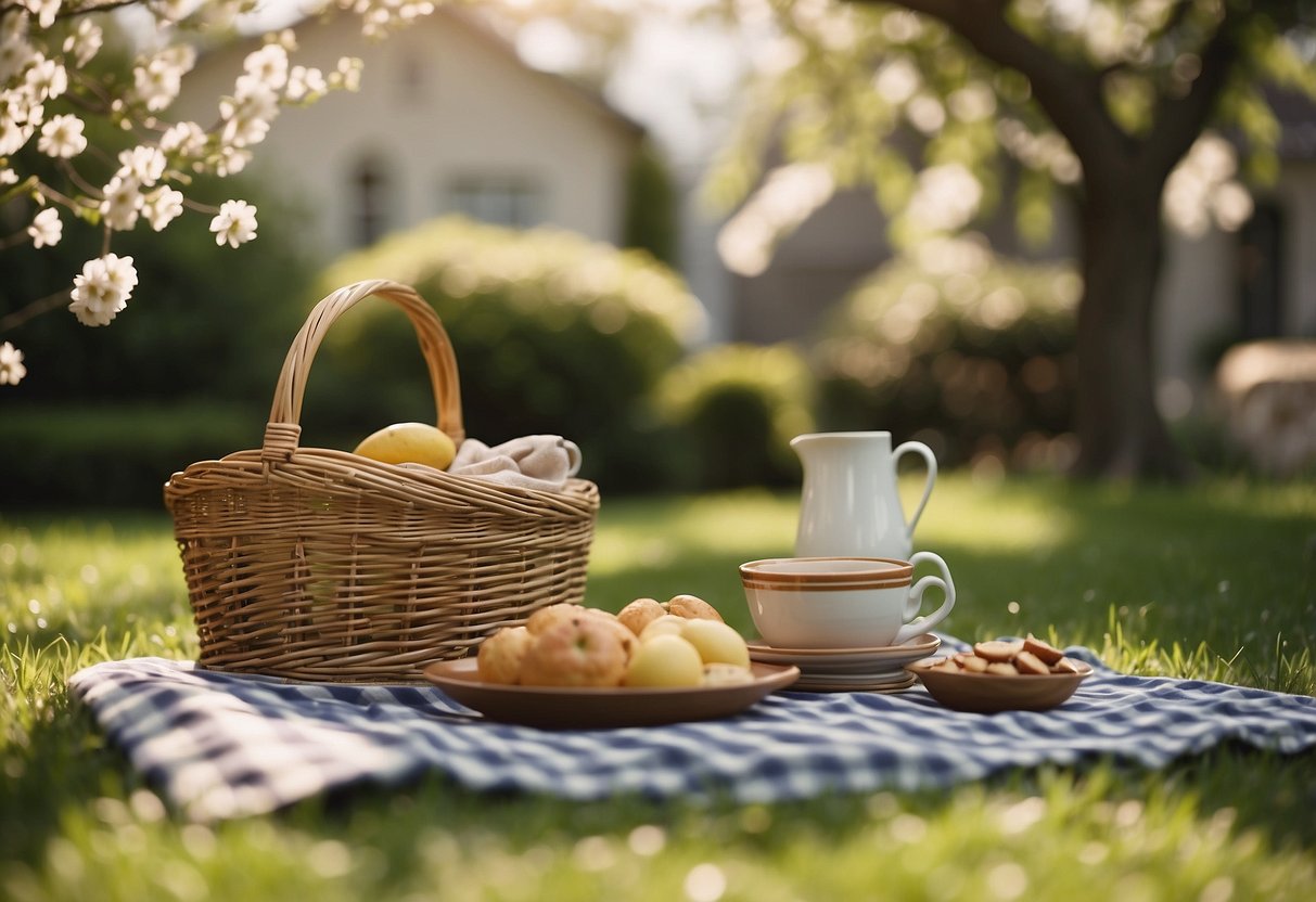 A cozy backyard with a checkered picnic blanket spread out on the lush green grass, surrounded by blooming flowers and a gently swaying tree. A wicker basket filled with delicious treats sits nearby, ready to be enjoyed