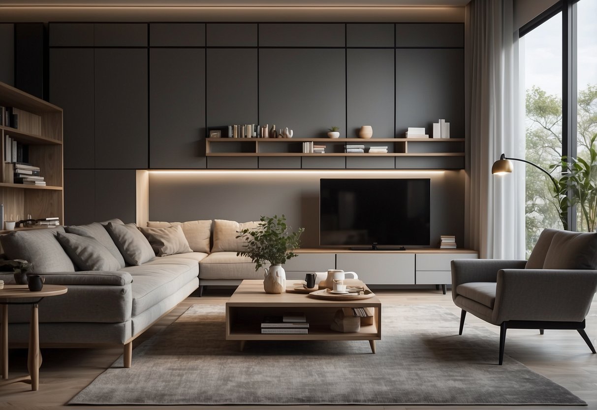 A modern living room with multifunctional furniture, such as a coffee table with hidden storage, a sofa bed, and wall-mounted shelves