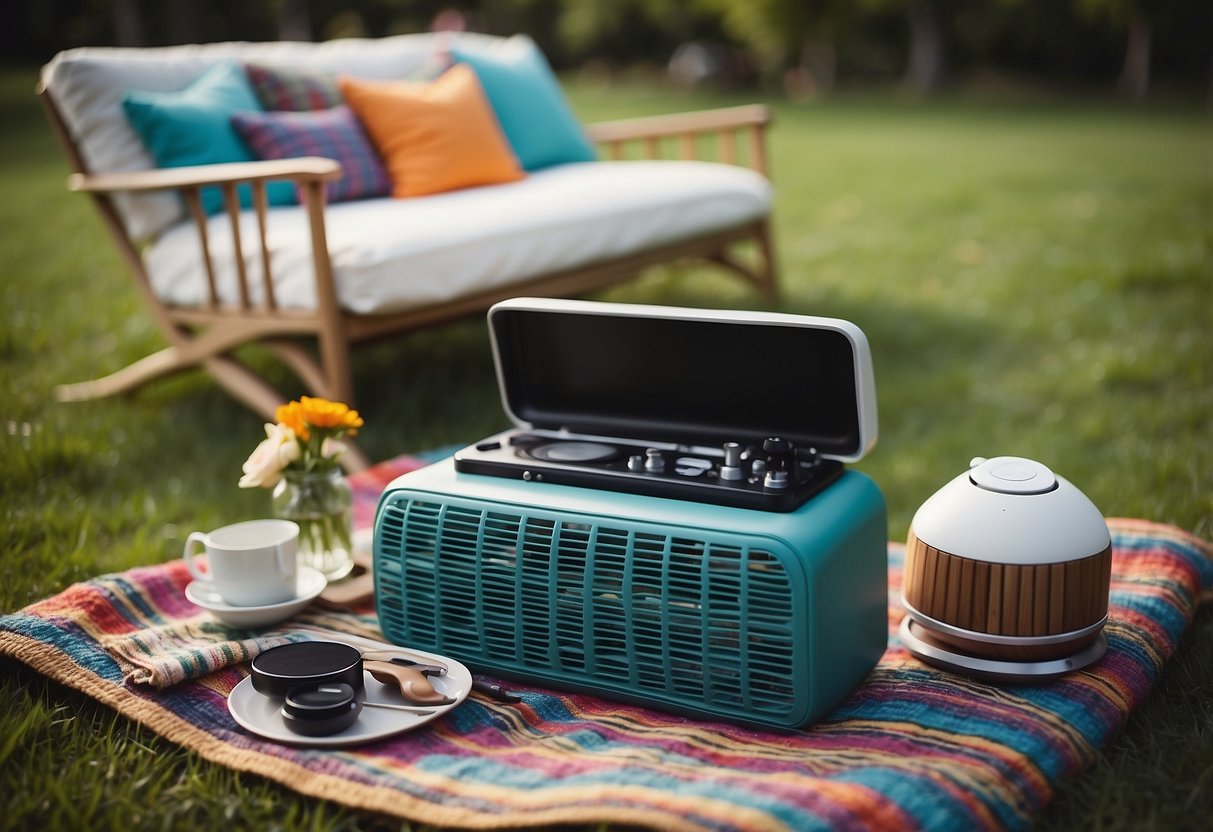 A checkered blanket spread out on the lush green grass, surrounded by a wicker basket, colorful cushions, and a portable speaker playing soft music. A small table is set with plates, utensils, and a vase of fresh flowers