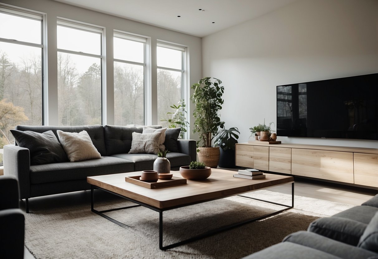 A cozy living room with modern furniture, including a comfortable sofa and stylish coffee table. Bright natural light filters in through large windows, creating a warm and inviting atmosphere