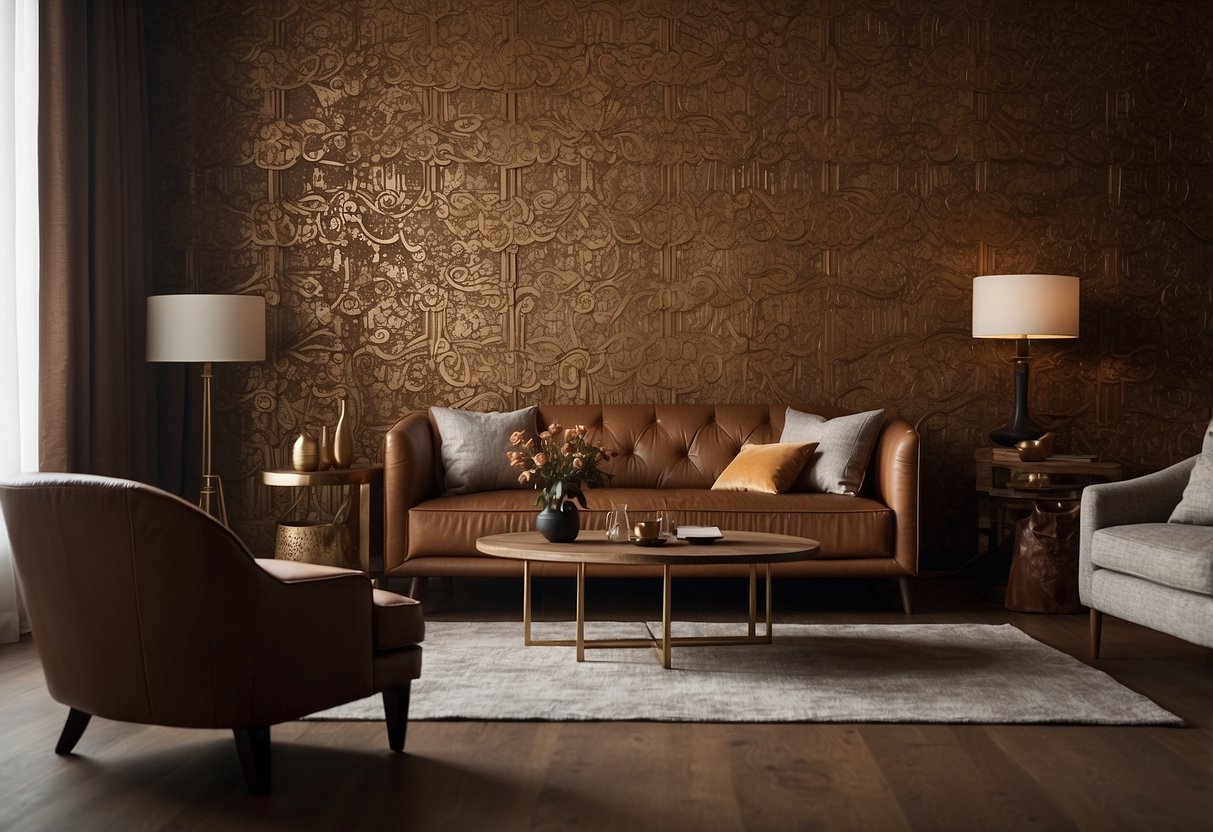 A room with brown furniture against wallpaper