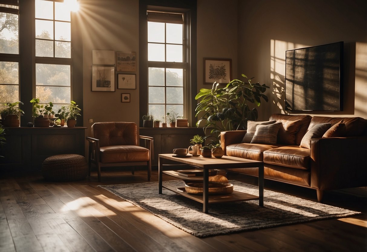 A cozy living room with brown furniture and a wallpaper featuring earthy tones and patterns. Sunlight streams in through the window, casting warm shadows on the floor