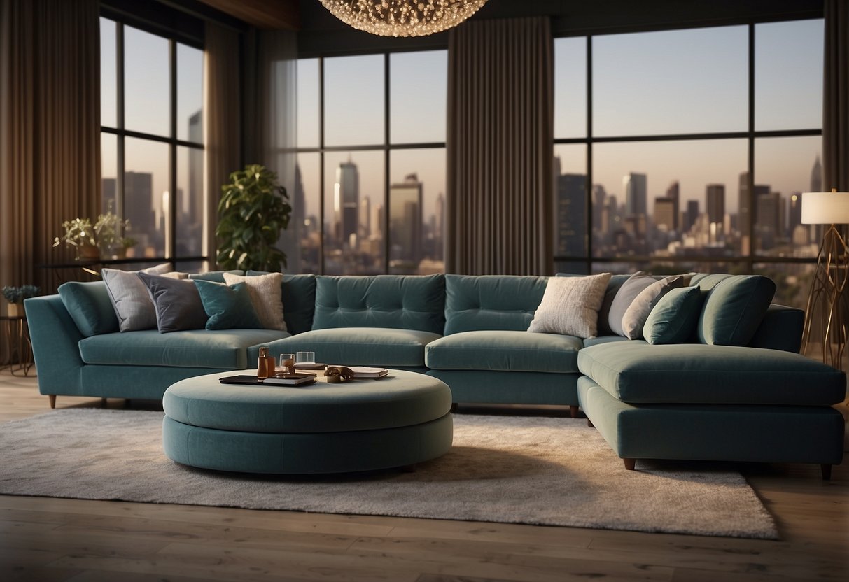 A massive sofa dwarfs the room, towering over other furniture with its immense size