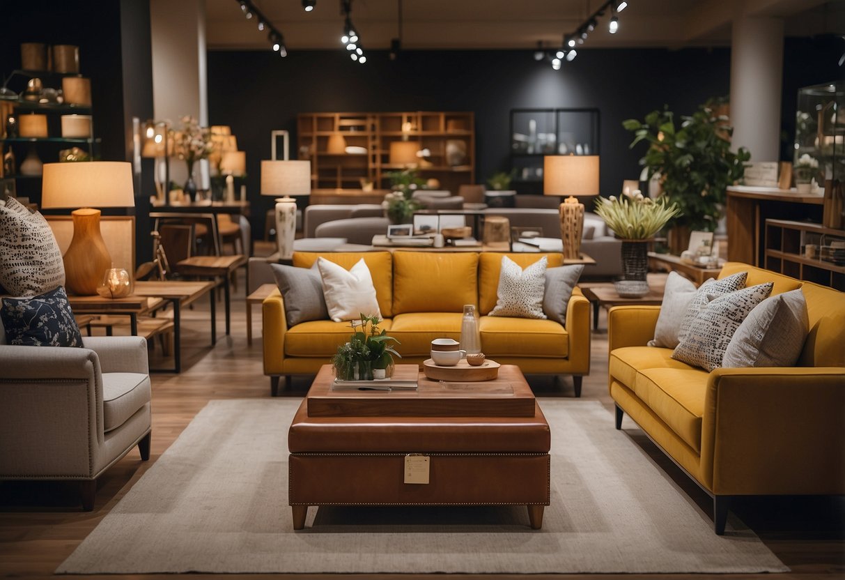 A variety of furniture pieces are arranged in an organized display, with price tags and descriptions visible. The setting is well-lit and inviting, with a mix of styles and colors