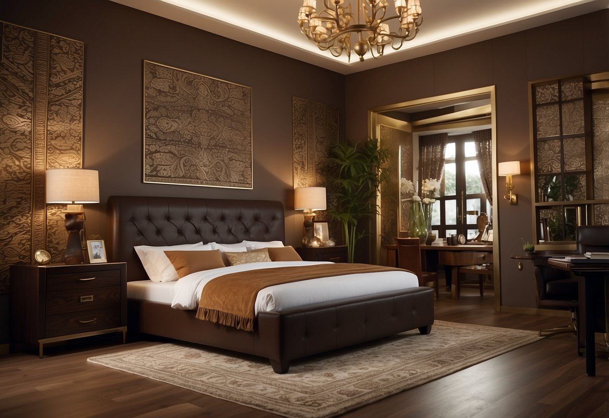 The room is adorned with brown furniture, accented with accessories, and illuminated with soft lighting against a patterned wallpaper