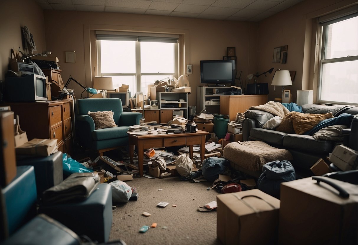 A cluttered room with discarded, worn-out furniture piled haphazardly