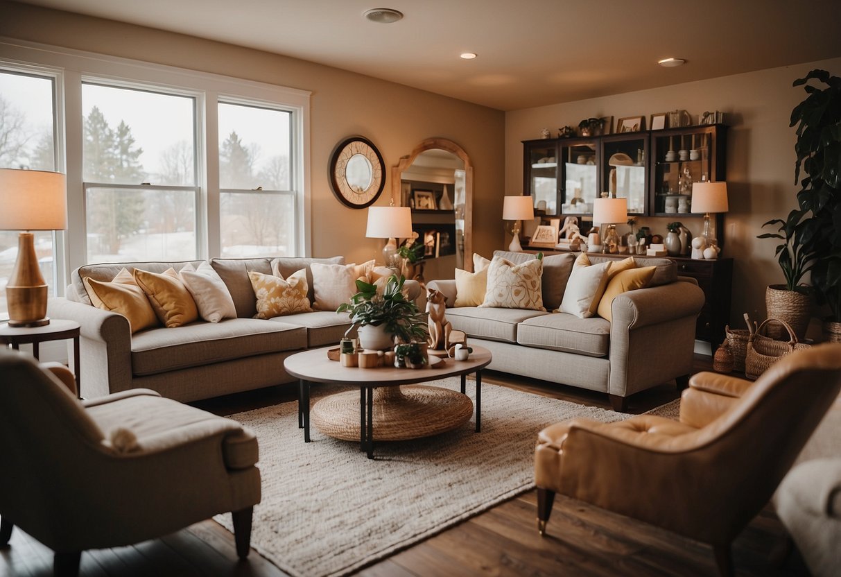 A cozy living room with a variety of stylish furniture pieces displayed for sale on eBay. The room is well-lit, with warm tones and inviting decor, showcasing the potential for a satisfying furniture shopping experience