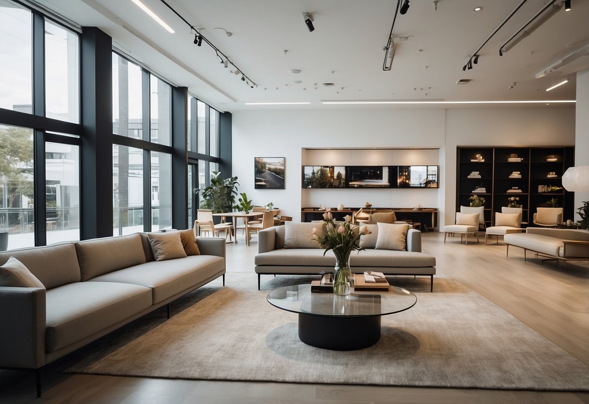 A spacious showroom with modern furniture displays arranged in a clean, minimalist style. Bright lighting highlights the sleek designs and comfortable seating options