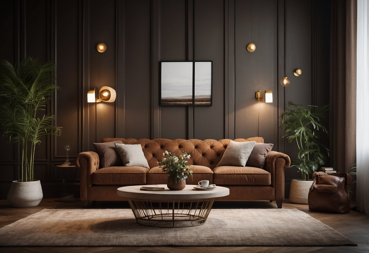 A room with brown furniture and a "Frequently Asked Questions" wallpaper