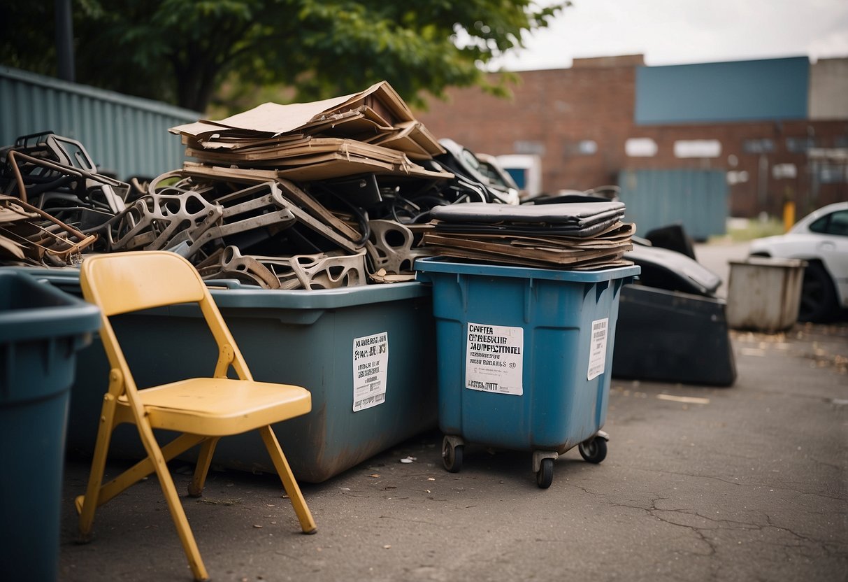 A pile of broken chairs and tables sits next to a dumpster, with a sign reading "Junk Furniture Disposal" nearby