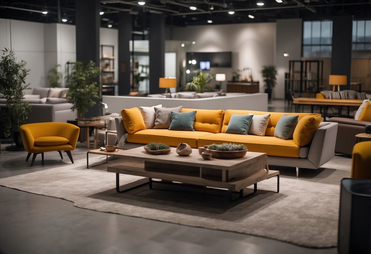 A vast showroom displays a variety of modern furniture pieces in different styles and colors