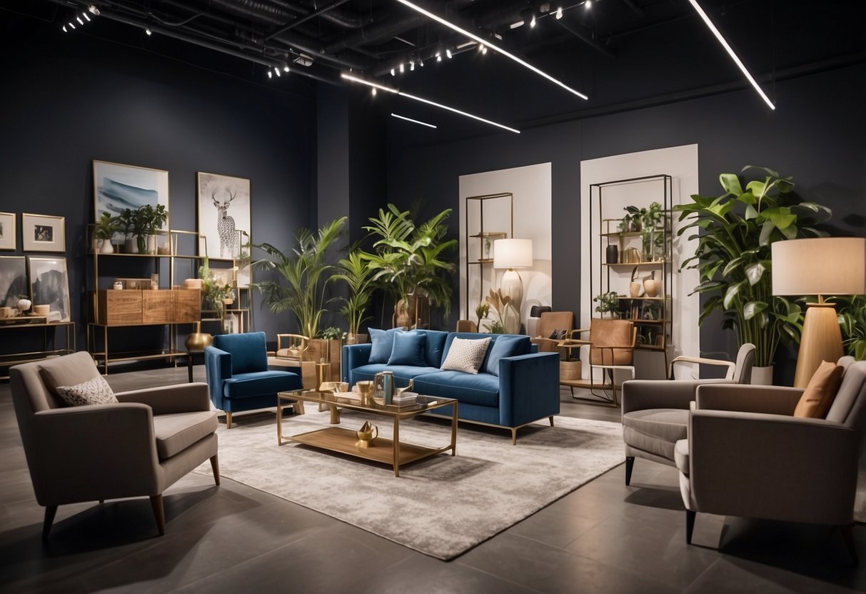 The showroom is filled with stylish furniture displays, with customers browsing and staff assisting. The space is well-lit and organized, with a modern and welcoming atmosphere