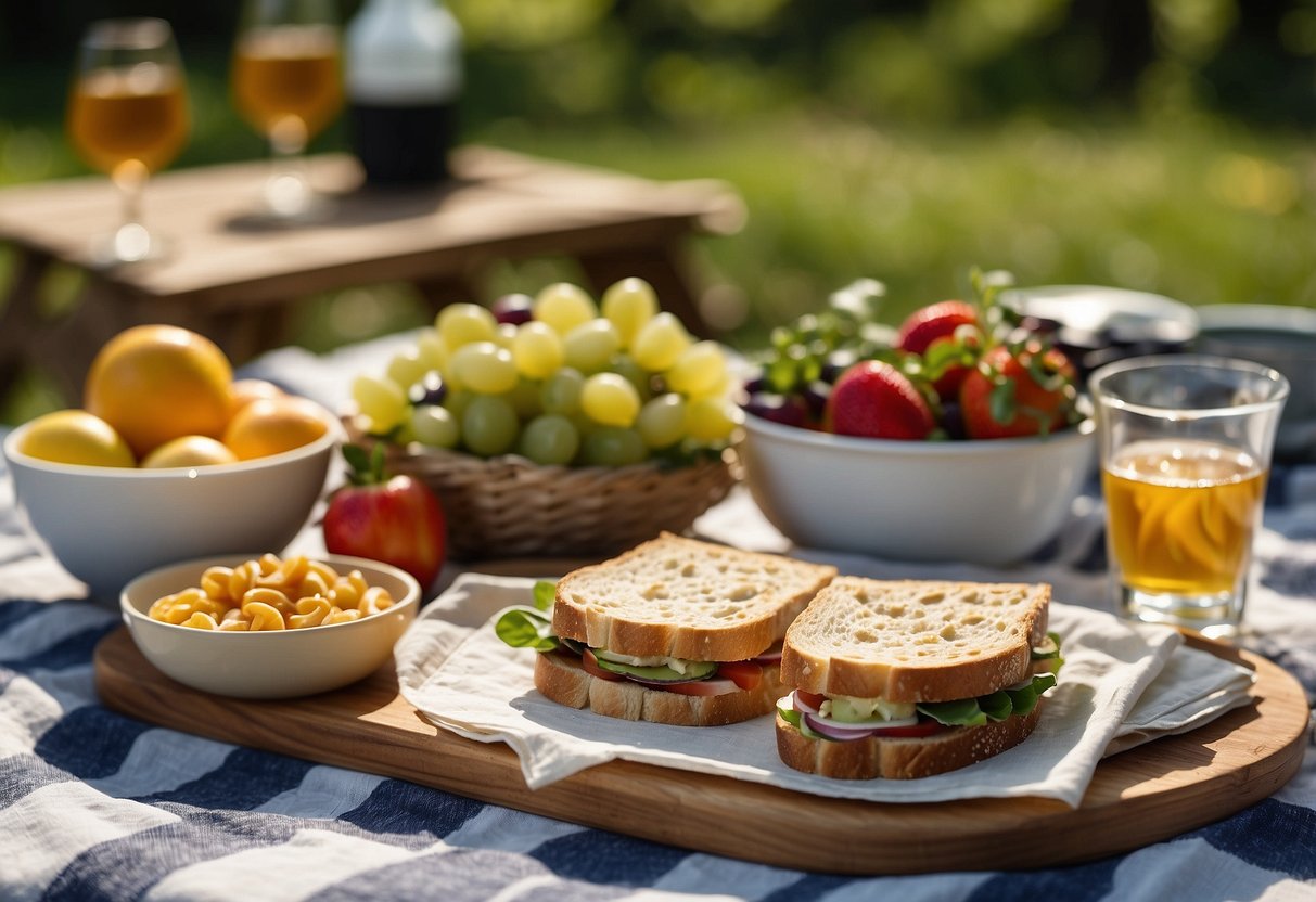 A picnic blanket spread with gluten-free dishes: sandwiches, salads, fruit, and desserts. A sunny outdoor setting with a basket and drinks nearby