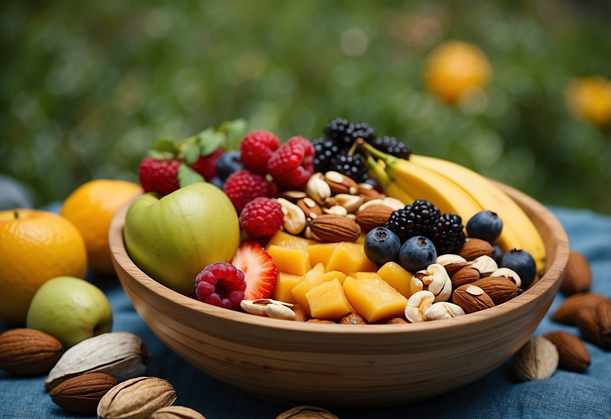 A colorful bowl filled with a variety of fresh fruits and nuts, arranged in an appealing pattern. The vibrant colors and textures create an inviting scene for a picnic