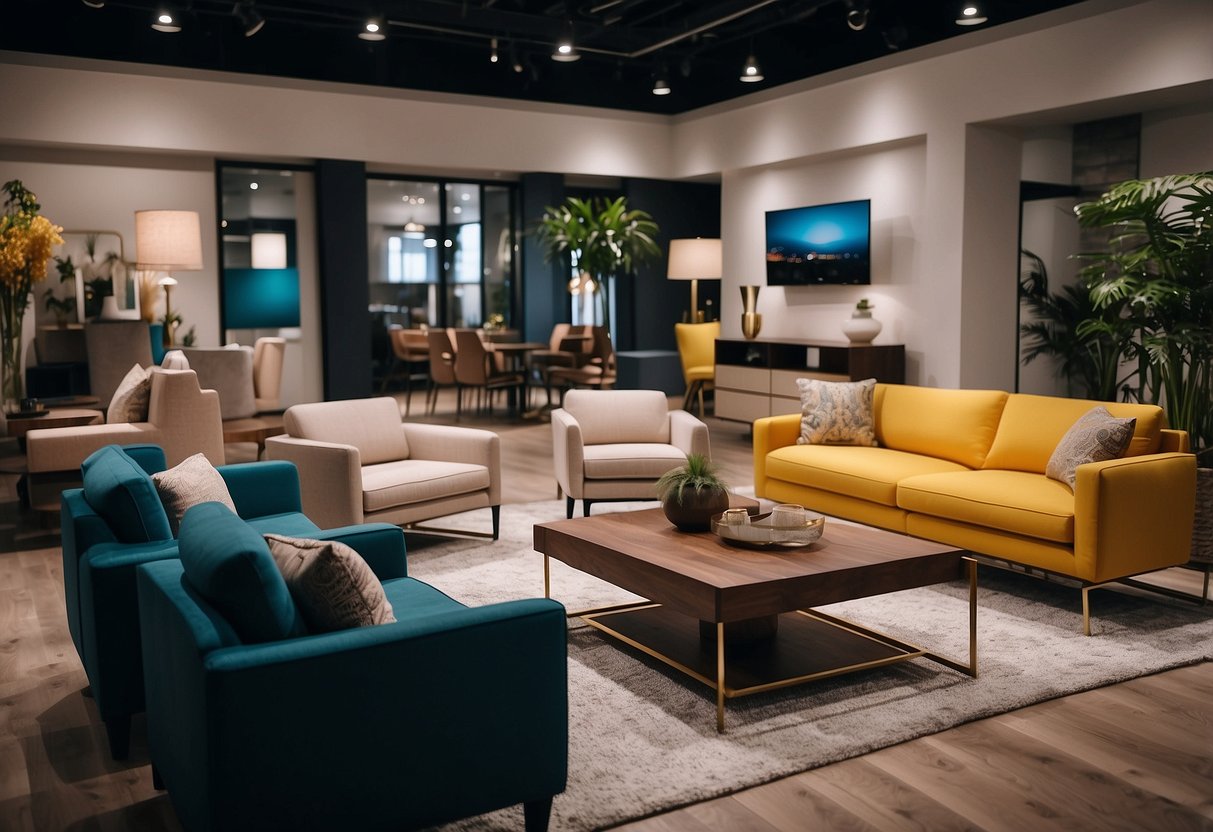A spacious showroom displays a wide variety of furniture, from modern sofas to elegant dining tables, with vibrant colors and sleek designs