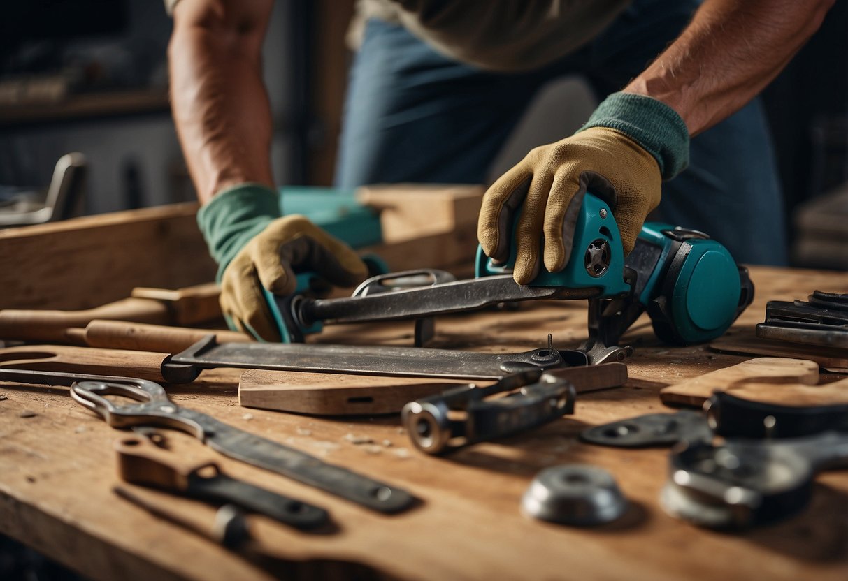 A person repurposing old furniture into modern pieces, using tools and materials to restore and transform the items