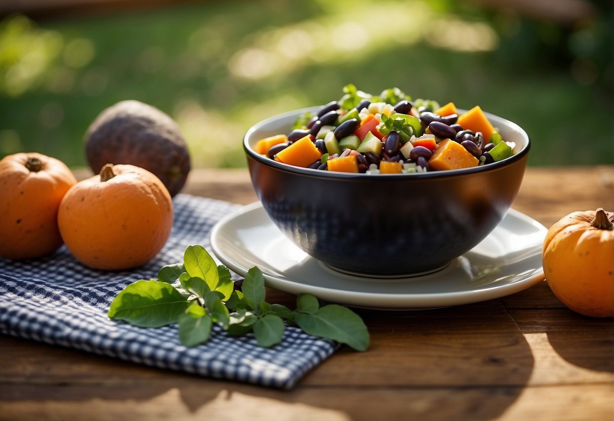 A colorful bowl of sweet potato and black bean salad sits on a checkered picnic blanket, surrounded by fresh fruits and vegetables. Sunshine filters through the trees, creating a warm and inviting atmosphere