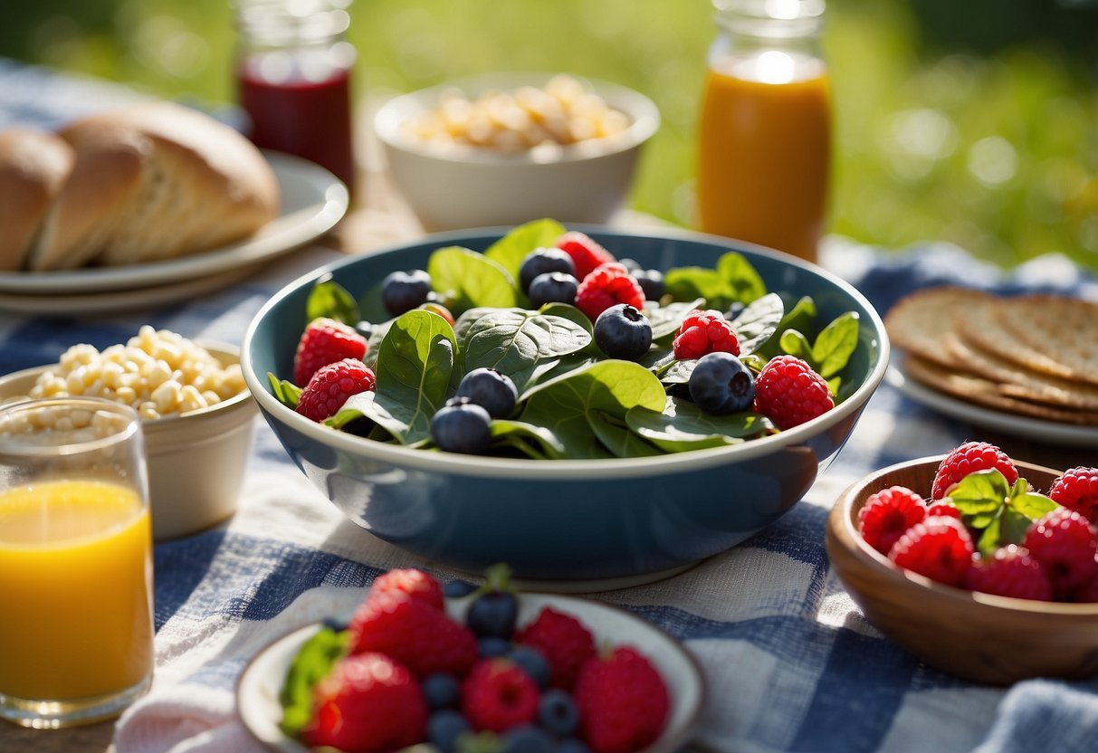 A vibrant bowl of berry spinach salad surrounded by a picnic spread of gluten-free dishes. The sun is shining, and a colorful blanket is spread out on the grass