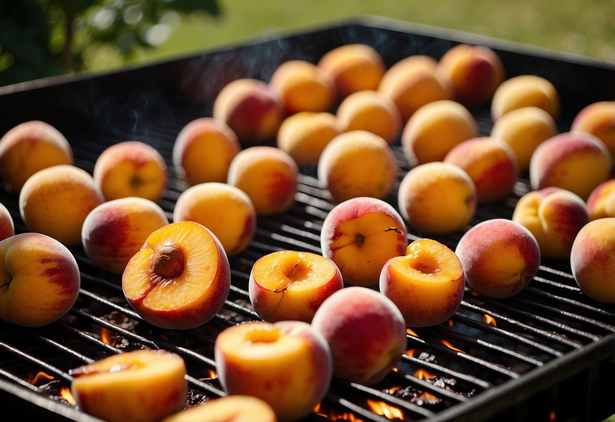 Juicy peaches sizzling on a grill, drizzled with golden honey. A picnic spread with gluten-free dishes in the background