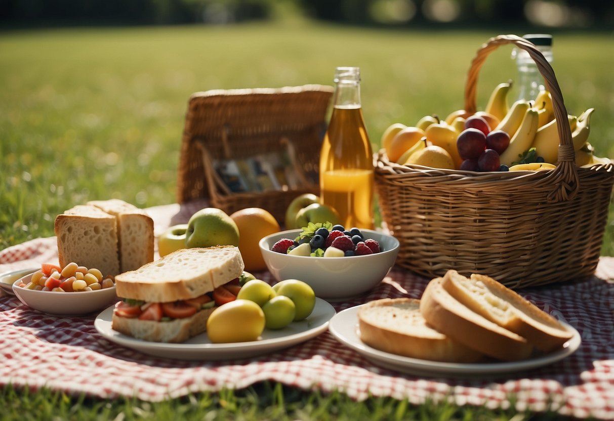 A picnic blanket spread with gluten-free dishes, including fresh fruits, salads, and sandwiches. A basket holds gluten-free bread, wraps, and snacks. The scene is set in a sunny, grassy park