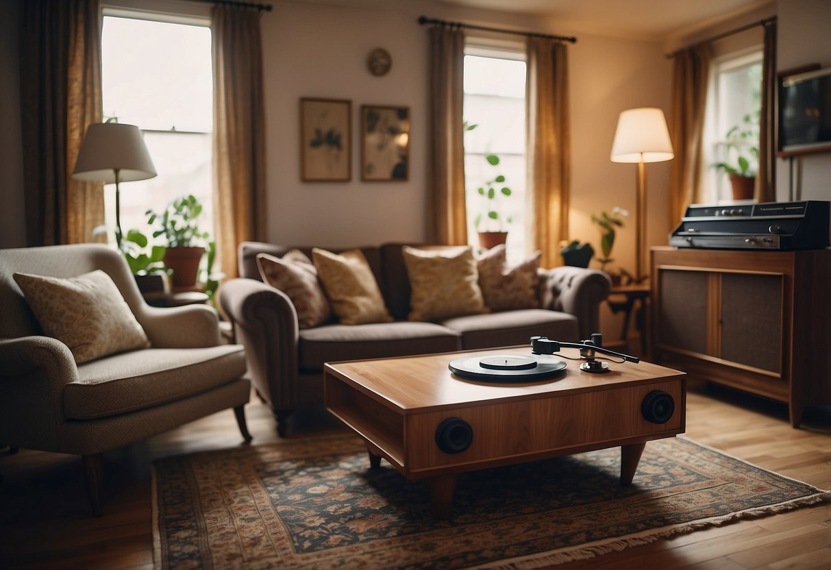 A cozy vintage living room with a floral sofa, wooden coffee table, and a patterned rug. A record player sits on a shelf, surrounded by antique lamps and framed artwork
