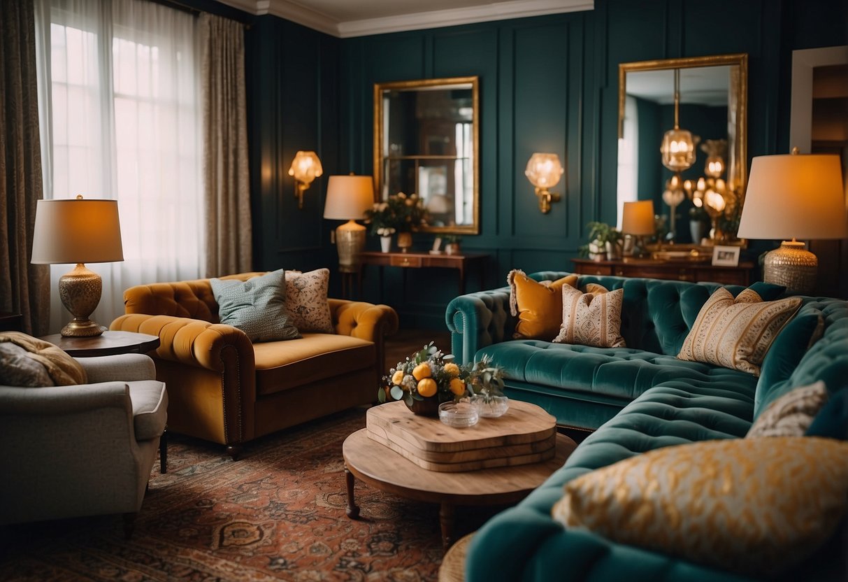 A cozy vintage living room with a tufted velvet sofa, mid-century modern coffee table, and ornate antique lamps. Rich colors and patterns create a warm and inviting atmosphere
