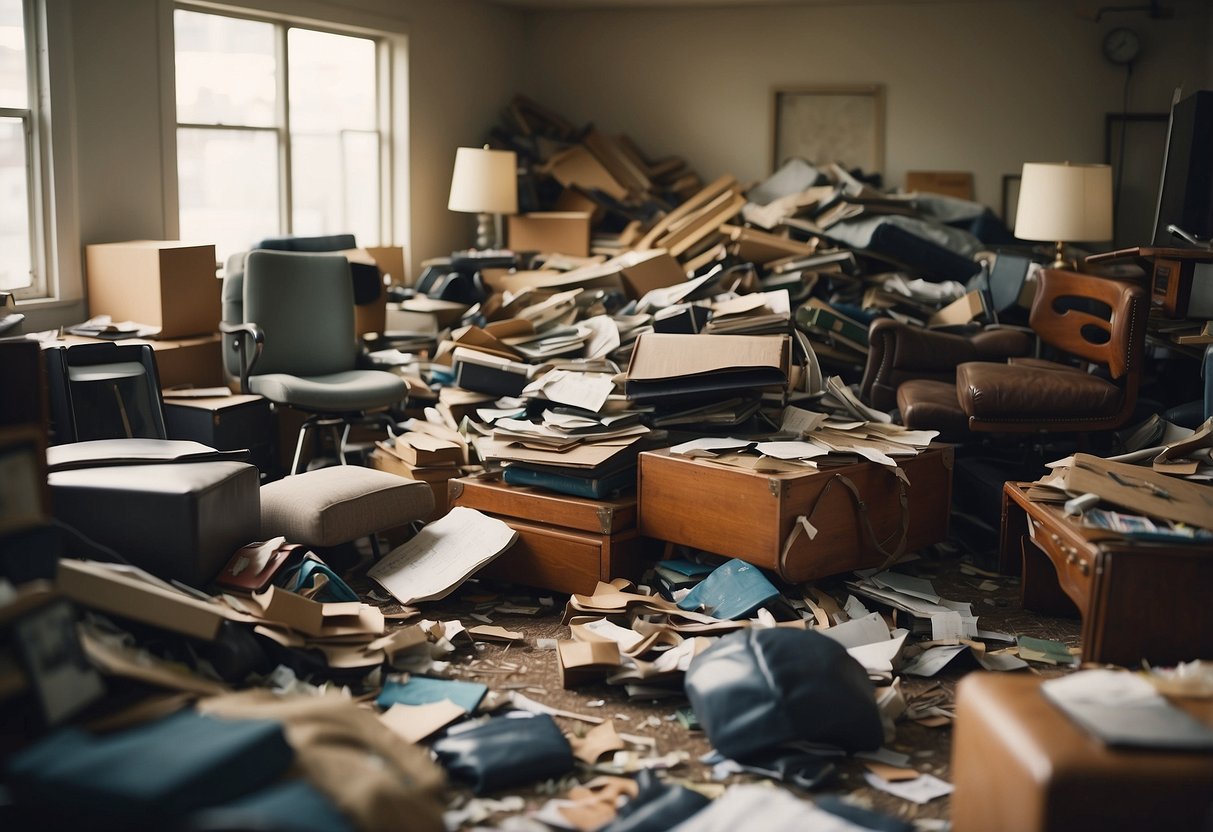 A pile of broken, mismatched furniture sits in a cluttered room, labeled "Frequently Asked Questions junk furniture."