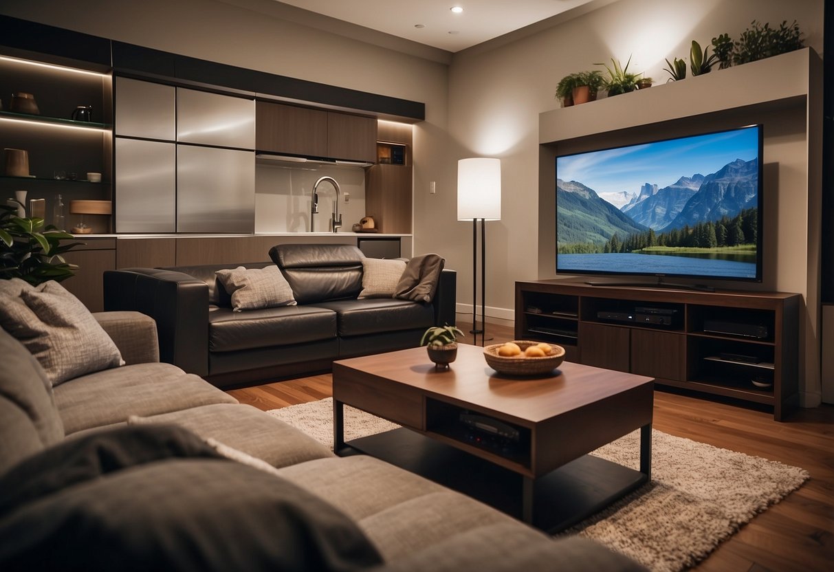 A living room with a couch, coffee table, TV, and bookshelf. A kitchen with a stove, fridge, and sink