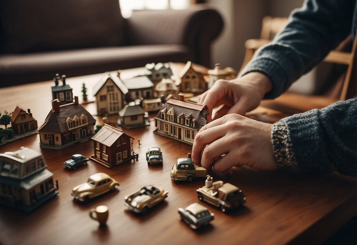 A person arranging vintage living room furniture, carefully selecting and styling key pieces for a cozy and nostalgic atmosphere
