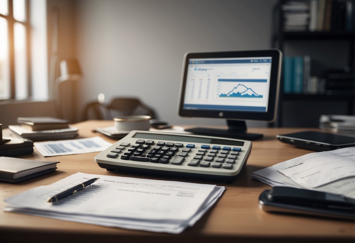 A room with empty walls and a few basic furniture pieces, a budget spreadsheet on a desk, and a calculator with scattered receipts