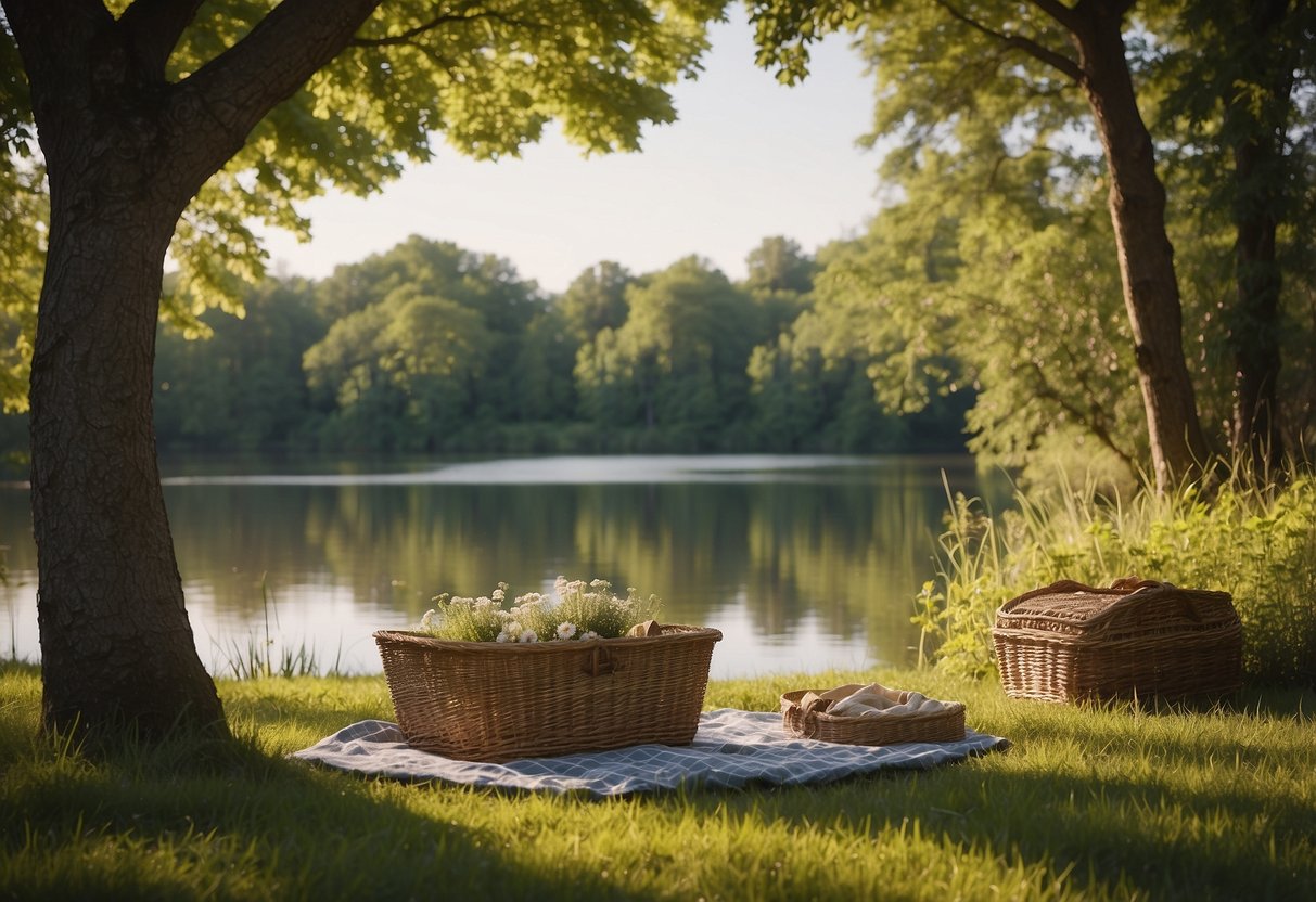 A serene lake surrounded by lush greenery, with a picnic blanket and basket set up under a shady tree. Nearby, a babbling brook and colorful wildflowers complete the picturesque scene