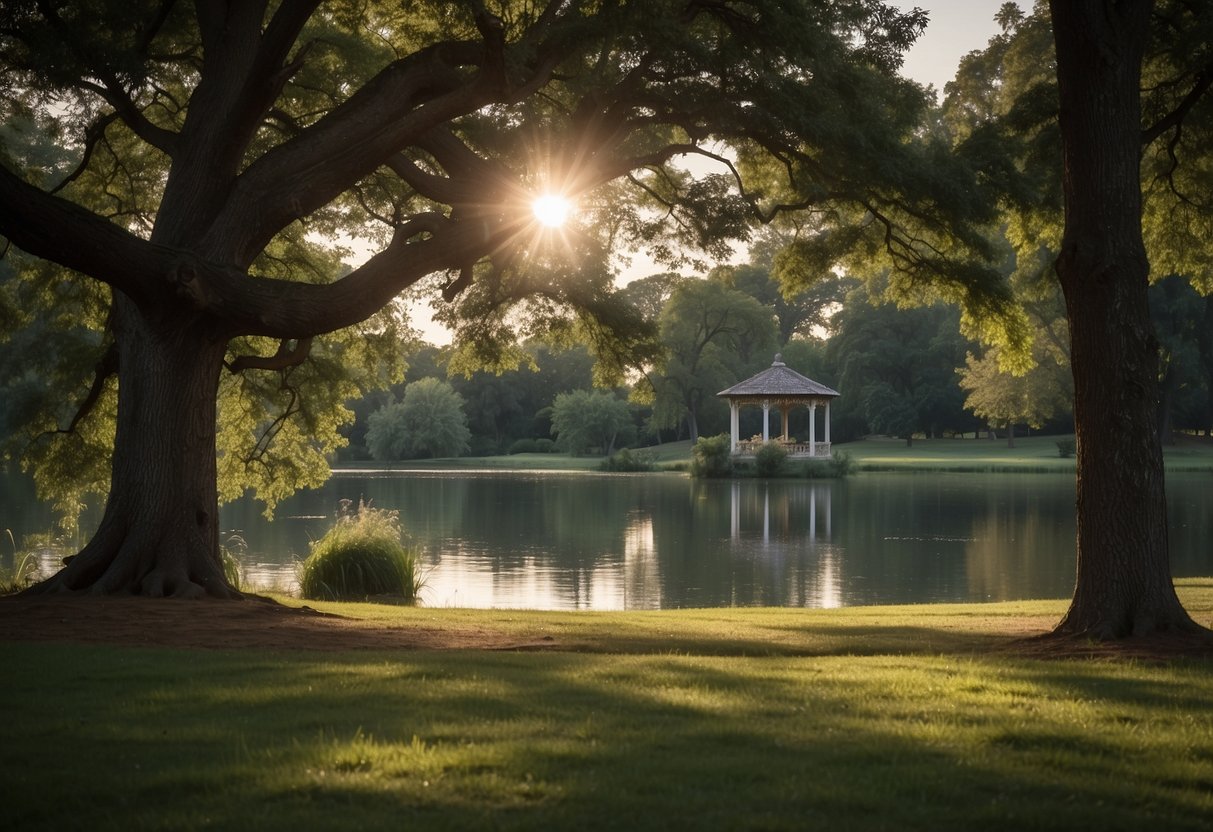 Lush grassy fields, shaded by towering oak trees, surround a serene pond. Nearby, a wooden gazebo offers a perfect spot for a picnic