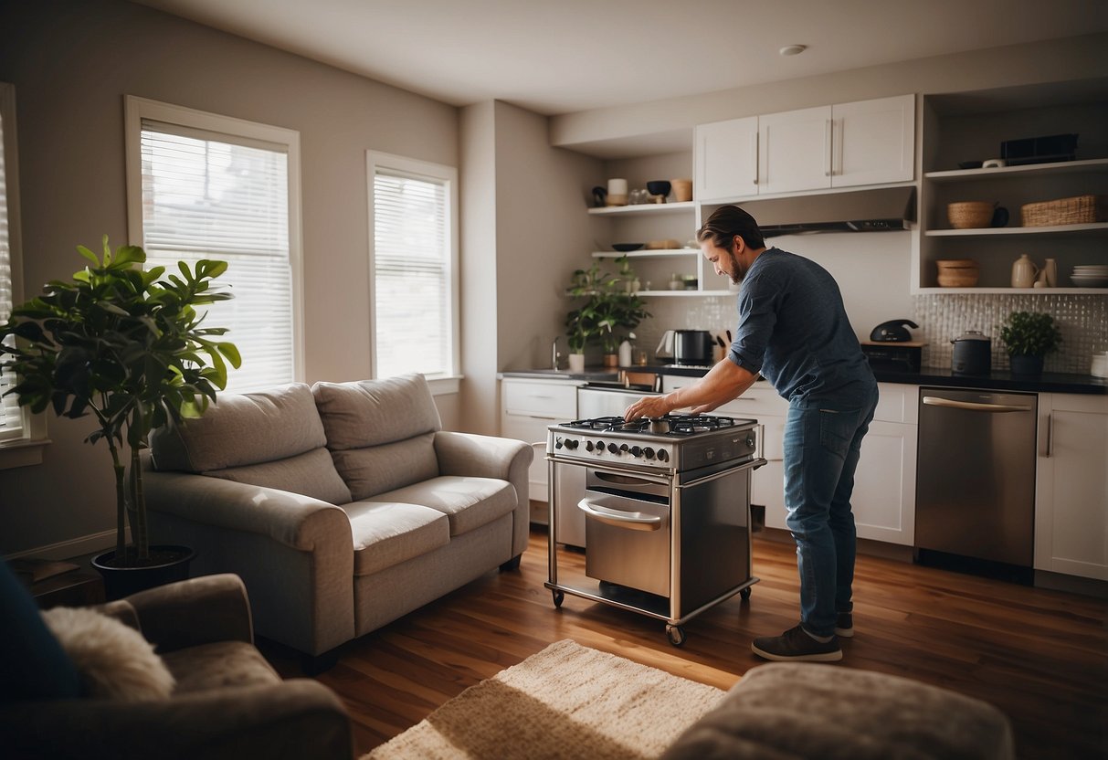A person arranging furniture and appliances in a living space, considering size, style, and functionality