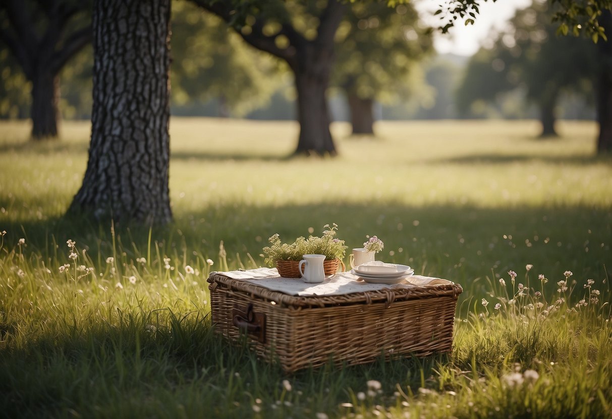 A grassy meadow with gentle rolling hills, dotted with colorful wildflowers and shaded by towering oak trees, creating the perfect setting for a peaceful and picturesque picnic