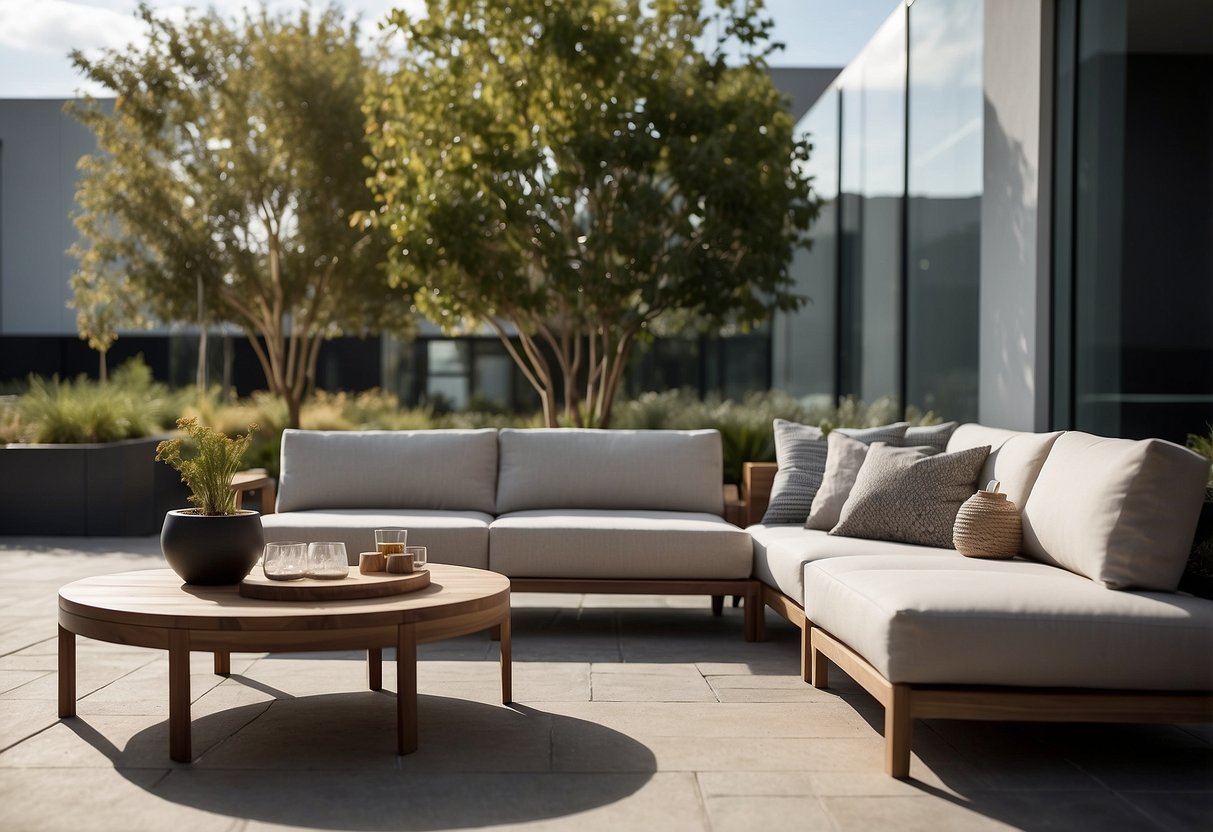 A modern outdoor setting with sleek, minimalist furniture arranged in a spacious, sunlit area. Clean lines and neutral colors create a contemporary and inviting atmosphere