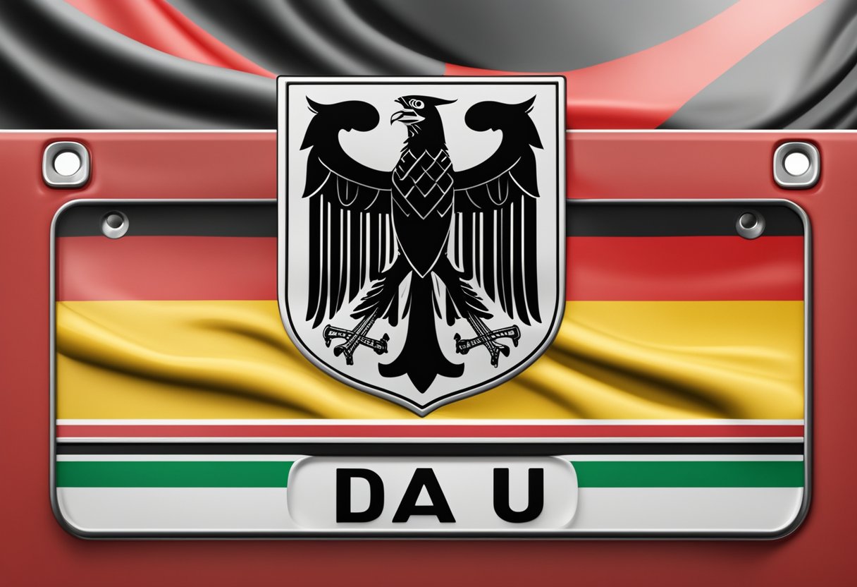 A German license plate with the letters "DAU" and the state abbreviation, set against a background of the German flag