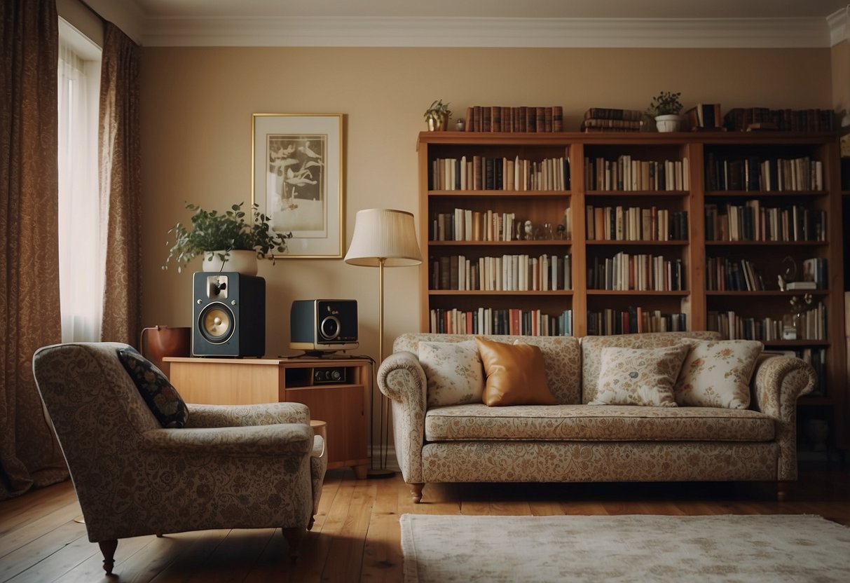 A cozy vintage living room with a floral-patterned sofa, a wooden coffee table, and a classic floor lamp. A bookshelf filled with old books and a record player complete the nostalgic atmosphere