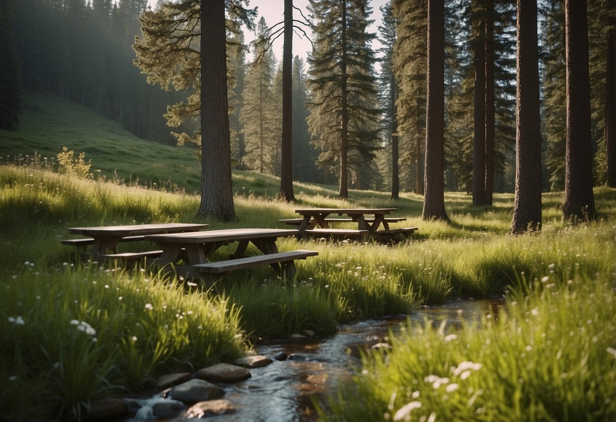 Lush green meadows surrounded by towering pine trees, with picnic tables and benches scattered throughout. A small stream gently flows nearby, creating a serene and peaceful atmosphere