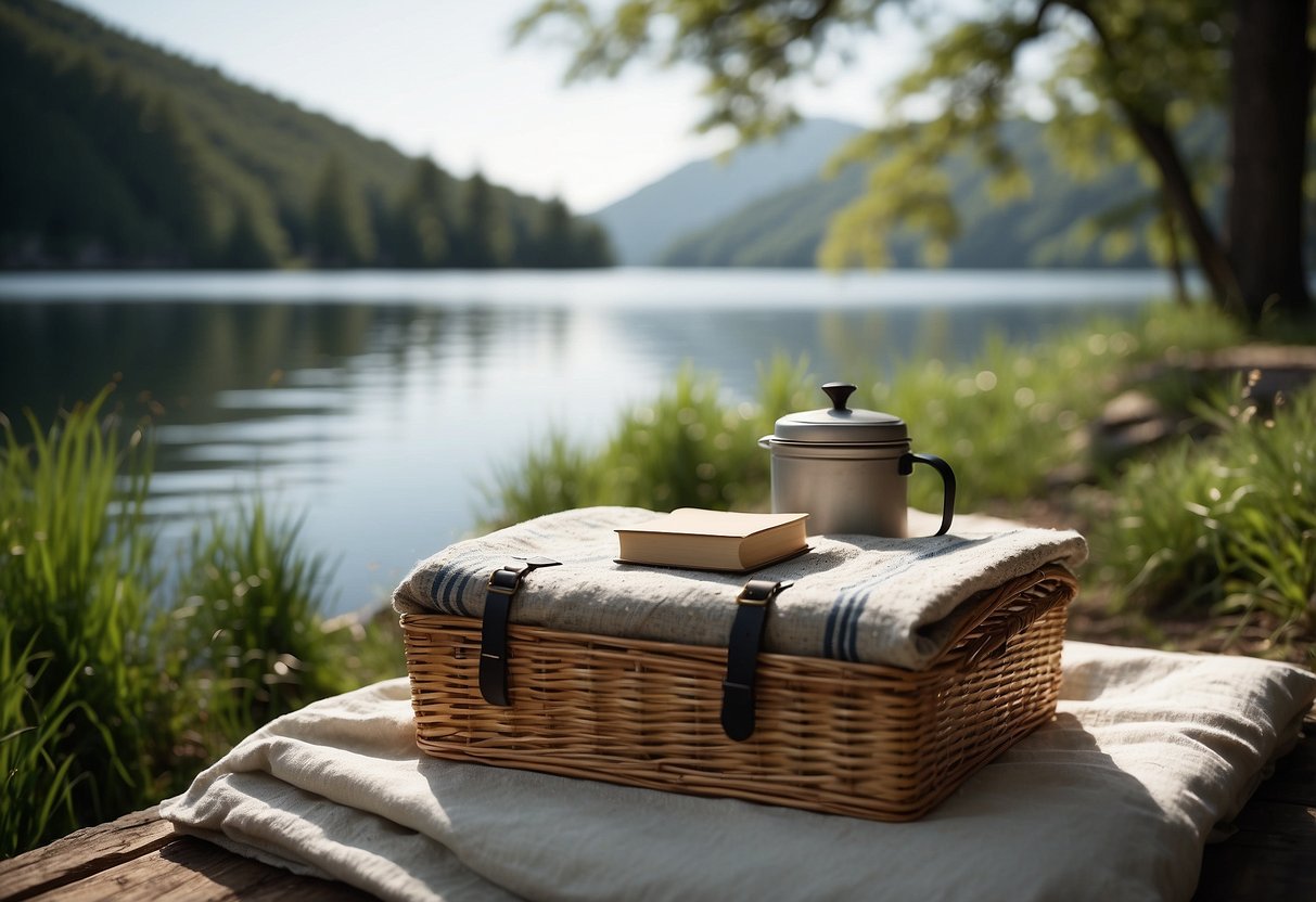 A serene lakeside with a blanket spread out, surrounded by lush greenery and a calm, rippling lake. A picnic basket, a book, and a thermos sit on the blanket, inviting relaxation