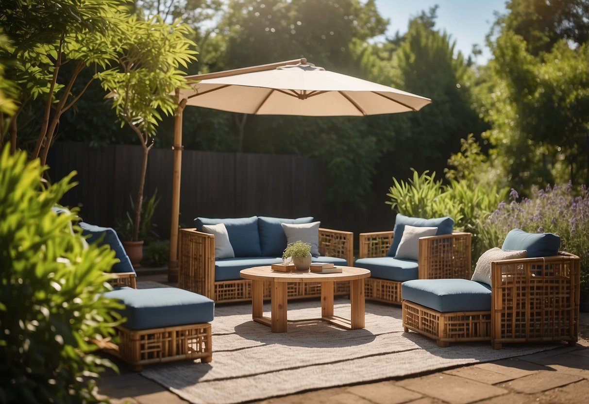 A modern outdoor furniture set made from sustainable materials, such as bamboo or recycled plastic, placed in a lush garden setting with a clear blue sky and sunlight filtering through the trees