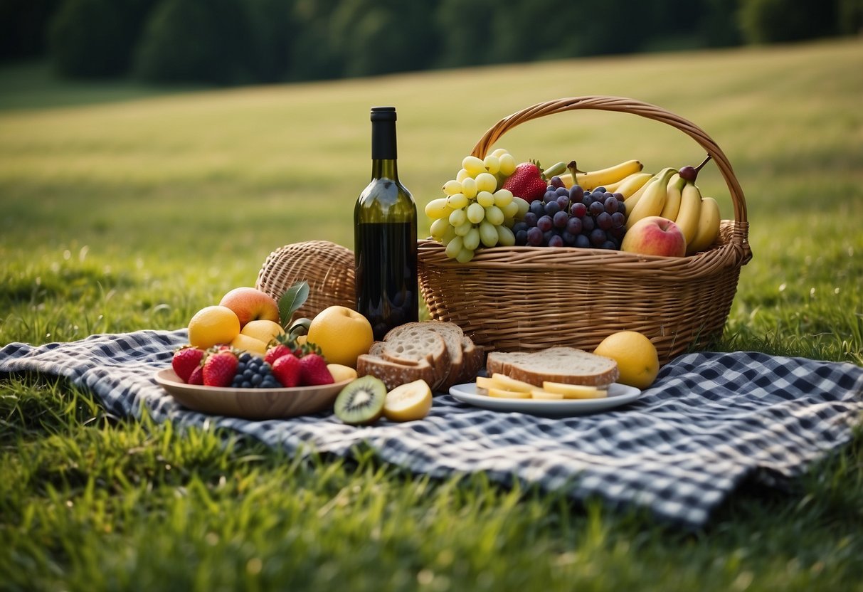 A checkered picnic blanket spread out on lush green grass, surrounded by a wicker basket filled with fresh fruits, sandwiches, and a bottle of wine. Nearby, a gentle stream flows through a peaceful meadow