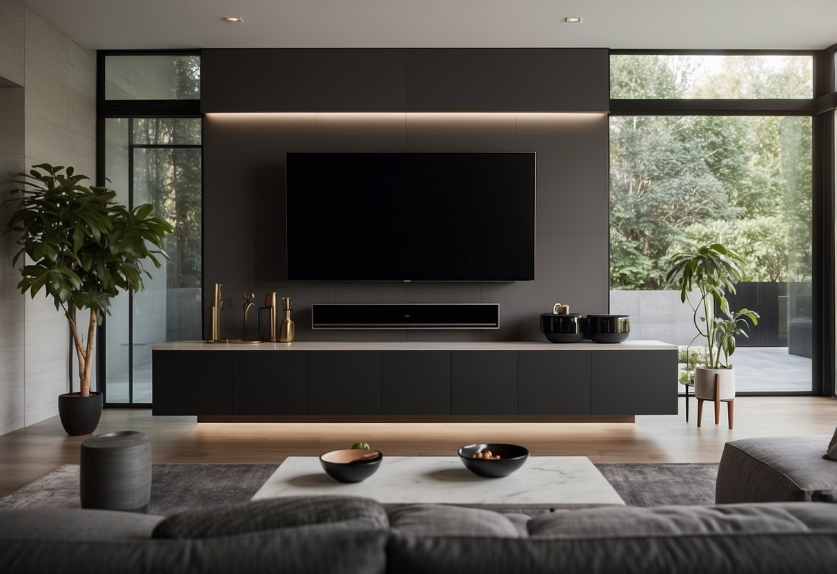 A sleek, minimalist living room with a large flat-screen TV, a stylish sofa, a coffee table, and modern home appliances like a refrigerator and microwave